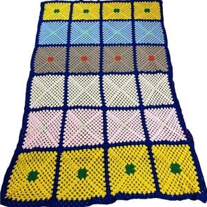 Vintage Afghan Handmade Granny Square Crochet Knit Blanket Multicolored Throw
